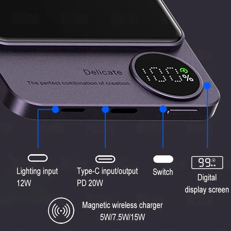 10000mAh MagSafe Magnetic Power Bank PD20W 15W Wireless Fast Charger, External Auxiliary Battery Pack for iPhone 15/14/13