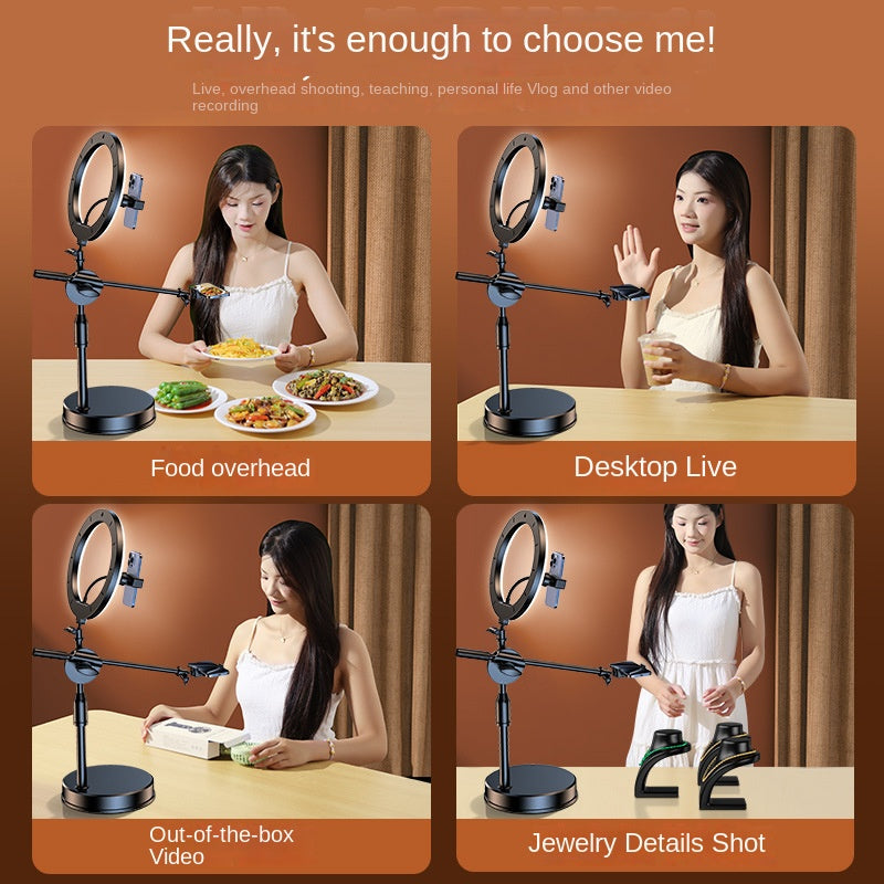 Mobile Phone Overhead Shooting Stand with Adjustable Dual-Camera Position & Fill Light, Desktop Holder for Food Photography, Drawing & Live Streaming